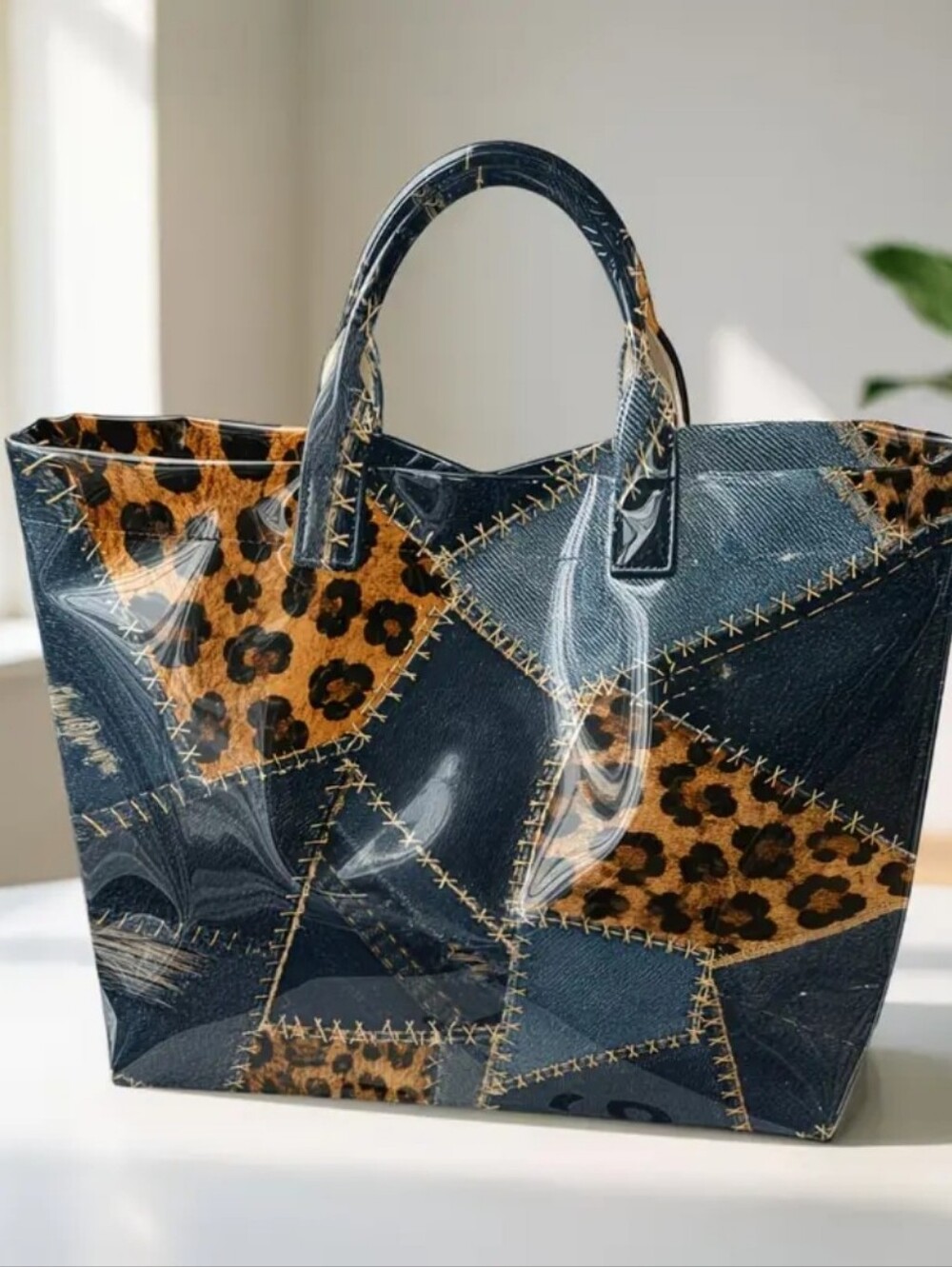 Safari Denim Patch Look PVC Tote Shoulder Bag - Picture 8 of 8